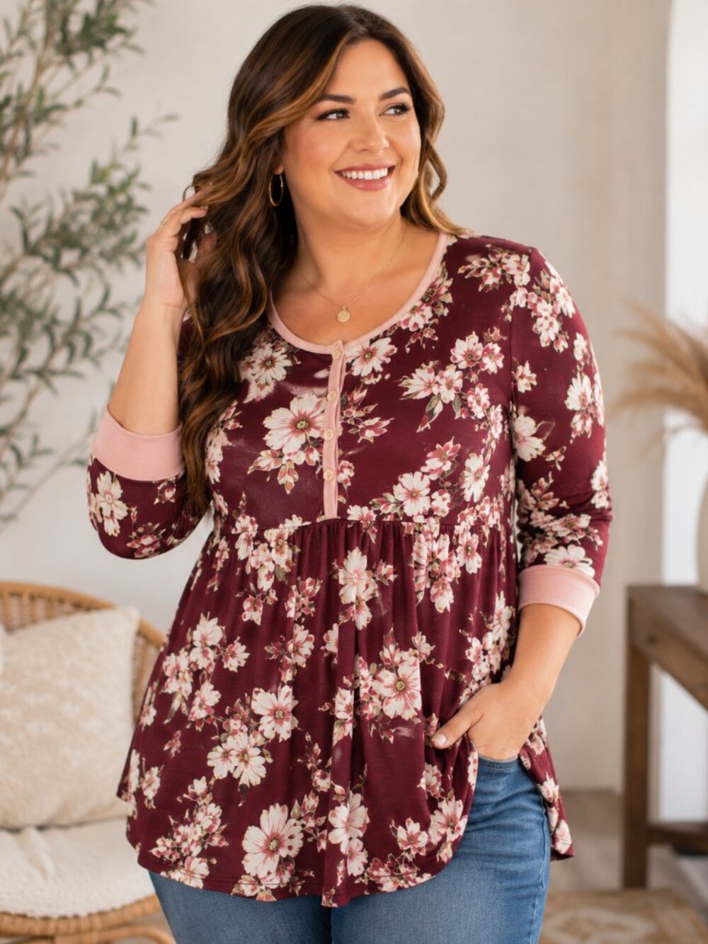 P.S. Kate Floral Tunic Top | 3/4 Sleeve | Boutique NWOT | Made in USA